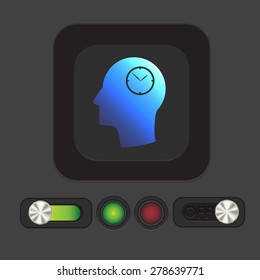 Vector Icon head think silhoutte vector man and his mind about clock. watch sign, Icon watch. symbol time