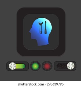Vector Icon head think silhoutte vector man and his mind about symbol settings sign, screwdriver and wrench