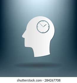 Vector Icon head think silhoutte vector man and his mind about clock. watch sign, Icon watch. symbol time