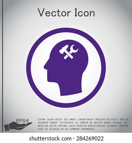 Vector Icon head think silhoutte vector man and his mind about  symbol settings sign, hammer and wrench