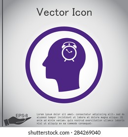 Vector Icon head think silhoutte vector man and his mind about alarm clock sign. Symbol morning. Alarm icon . The clock shows the time