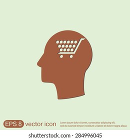 Vector Icon head think silhoutte vector man and his mind about cart online store, Internet shop. basket shopping