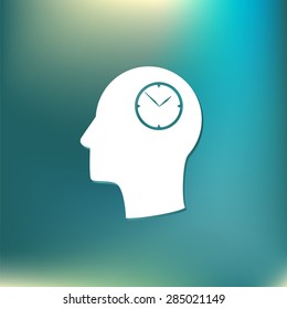 Vector Icon head think silhoutte vector man and his mind about clock. watch sign, Icon watch. symbol time