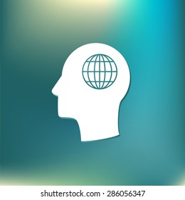 Vector Icon head think silhoutte vector man and his mind about  globe symbol. news. Symbol news. Icon globe planet