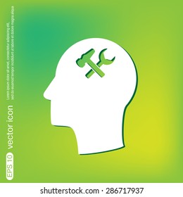 Vector Icon head think silhoutte vector man and his mind about  symbol settings sign, hammer and wrench