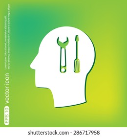 Vector Icon head think silhoutte vector man and his mind about symbol settings sign, screwdriver and wrench