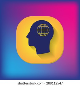 Vector Icon head think silhoutte vector man and his mind about  globe symbol. news. Symbol news. Icon globe planet