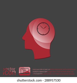 Vector Icon head think silhoutte vector man and his mind about clock. watch sign, Icon watch. symbol time