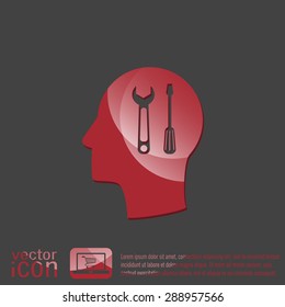 Vector Icon head think silhoutte vector man and his mind about symbol settings sign, screwdriver and wrench