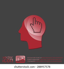 Vector Icon head think silhoutte vector man and his mind about mouse hand cursor. pixel view