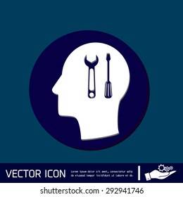 Vector Icon head think silhoutte vector man and his mind about symbol settings sign, screwdriver and wrench