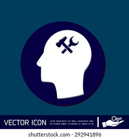 Vector Icon head think silhoutte vector man and his mind about  symbol settings sign, hammer and wrench