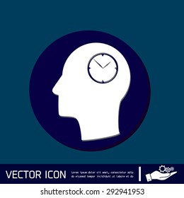 Vector Icon head think silhoutte vector man and his mind about clock. watch sign, Icon watch. symbol time