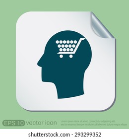 Vector Icon head think silhoutte vector man and his mind about cart online store, Internet shop. basket shopping