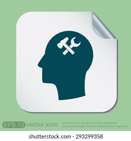 Vector Icon head think silhoutte vector man and his mind about  symbol settings sign, hammer and wrench