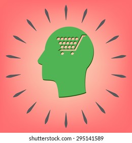 Vector Icon head think silhoutte vector man and his mind about cart online store, Internet shop. basket shopping