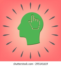 Vector Icon head think silhoutte vector man and his mind about mouse hand cursor. pixel view