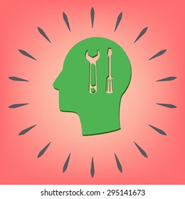 Vector Icon head think silhoutte vector man and his mind about symbol settings sign, screwdriver and wrench