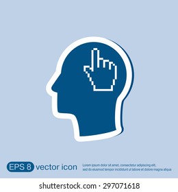 Vector Icon head think silhoutte vector man and his mind about mouse hand cursor. pixel view