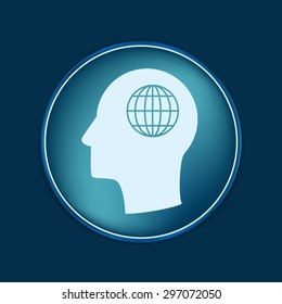 Vector Icon head think silhoutte vector man and his mind about  globe symbol. news. Symbol news. Icon globe planet