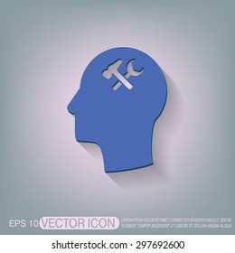 Vector Icon head think silhoutte vector man and his mind about  symbol settings sign, hammer and wrench