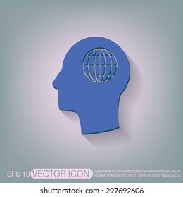 Vector Icon head think silhoutte vector man and his mind about  globe symbol. news. Symbol news. Icon globe planet