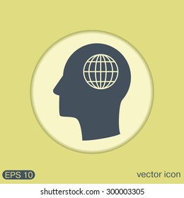 Vector Icon head think silhoutte vector man and his mind about  globe symbol. news. Symbol news. Icon globe planet