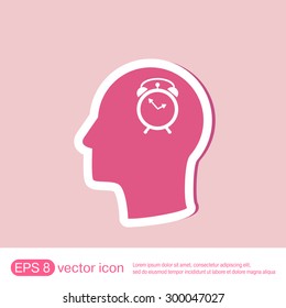 Vector Icon head think silhoutte vector man and his mind about alarm clock sign. Symbol morning. Alarm icon . The clock shows the time