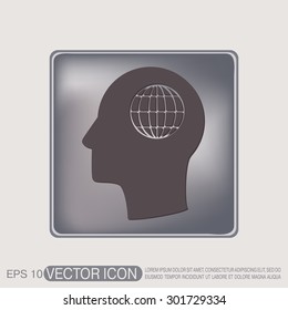 Vector Icon head think silhoutte vector man and his mind about  globe symbol. news. Symbol news. Icon globe planet