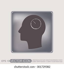 Vector Icon head think silhoutte vector man and his mind about clock. watch sign, Icon watch. symbol time
