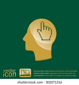 Vector Icon head think silhoutte vector man and his mind about mouse hand cursor. pixel view