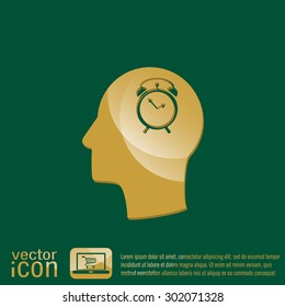 Vector Icon head think silhoutte vector man and his mind about alarm clock sign. Symbol morning. Alarm icon . The clock shows the time