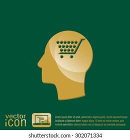 Vector Icon head think silhoutte vector man and his mind about cart online store, Internet shop. basket shopping