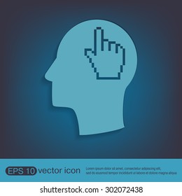 Vector Icon head think silhoutte vector man and his mind about mouse hand cursor. pixel view
