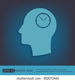 Vector Icon head think silhoutte vector man and his mind about clock. watch sign, Icon watch. symbol time
