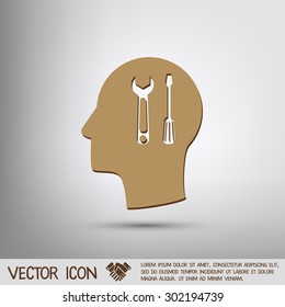 Vector Icon head think silhoutte vector man and his mind about symbol settings sign, screwdriver and wrench