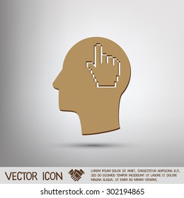 Vector Icon head think silhoutte vector man and his mind about mouse hand cursor. pixel view