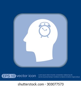 Vector Icon head think silhoutte vector man and his mind about alarm clock sign. Symbol morning. Alarm icon . The clock shows the time