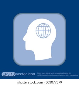 Vector Icon head think silhoutte vector man and his mind about  globe symbol. news. Symbol news. Icon globe planet