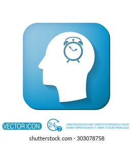 Vector Icon head think silhoutte vector man and his mind about alarm clock sign. Symbol morning. Alarm icon . The clock shows the time