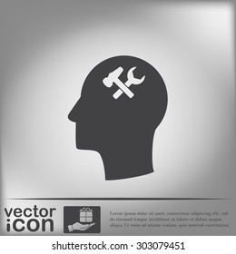 Vector Icon head think silhoutte vector man and his mind about  symbol settings sign, hammer and wrench