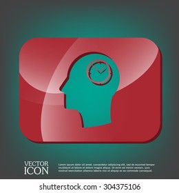 Vector Icon head think silhoutte vector man and his mind about clock. watch sign, Icon watch. symbol time