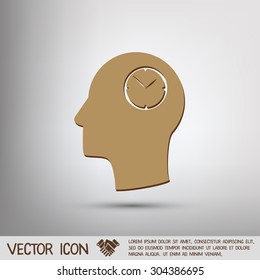 Vector Icon head think silhoutte vector man and his mind about clock. watch sign, Icon watch. symbol time