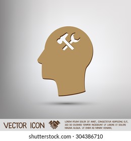 Vector Icon head think silhoutte vector man and his mind about  symbol settings sign, hammer and wrench