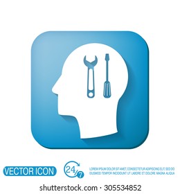 Vector Icon head think silhoutte vector man and his mind about symbol settings sign, screwdriver and wrench