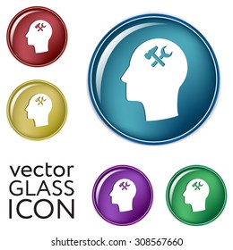 Vector Icon head think silhoutte vector man and his mind about  symbol settings sign, hammer and wrench