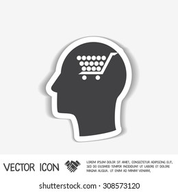 Vector Icon head think silhoutte vector man and his mind about cart online store, Internet shop. basket shopping