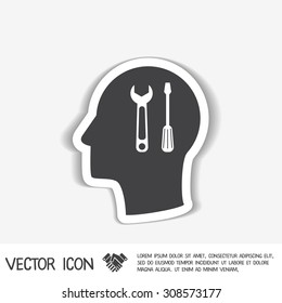 Vector Icon head think silhoutte vector man and his mind about symbol settings sign, screwdriver and wrench