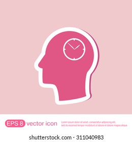 Vector Icon head think silhoutte vector man and his mind about clock. watch sign, Icon watch. symbol time