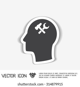 Vector Icon head think silhoutte vector man and his mind about  symbol settings sign, hammer and wrench